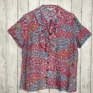 Pendleton Floral Sheer Short Sleeve Ruffle Button Down Girly Plus Size Blouse 16